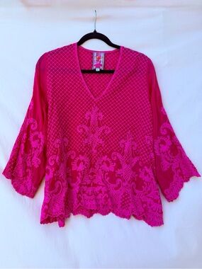Johnny Was Embroidered Tunic Top Bell Sleeve Scallop Hem Fuchsia Pink Boho L